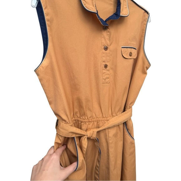Vintage 70s Collared Midi Dress Size 12 14 Sleeveless Cotton Orange Tan Navy - Picture 6 of 8
